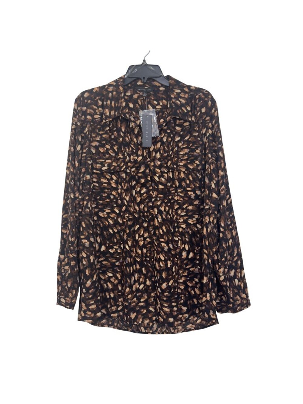 Investments Women SZ XL Brown & Beige Long Sleeve Half Button-Up Tunic Blouse